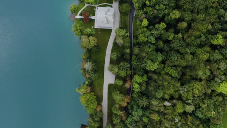 Vista-De-Pájaro-Sobre-La-Exuberante-Vegetación-Verde-Y-El-Agua-Turquesa-Del-Lago-Bled-En-Eslovenia---Tiro-Con-Drones