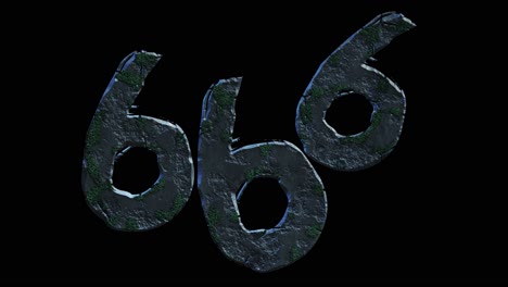 High-quality-dramatic-motion-graphic-of-the-devil's-666-symbol,-rapidly-eroding-and-cracking-and-sprouting-moss-and-weeds,-on-a-plain-black-background