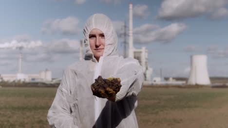 Scientist-holding-oily-clay-from-field,-smoking-factory-background,-ecological-disaster-concept