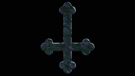 High-quality-dramatic-motion-graphic-of-an-ornate-Satanic-inverted-crucifix-icon-symbol,-rapidly-eroding-and-cracking-and-sprouting-moss-and-weeds,-on-a-plain-black-background