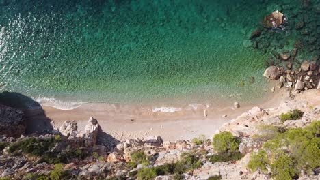 Hidden-Sandy-Pasjaca-Beach-in-Dalmatia,-Croatia---Aerial-Top-Down-Forward