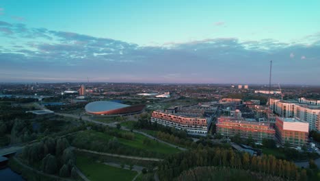 Lee-Valley-VeloPark-cycling-centre-on-Queen-Elizabeth-Olympic-Park-Stratford-East-London-aerial-view-push-forwards
