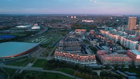Lee-Valley-VeloPark-cycling-centre-on-Queen-Elizabeth-Olympic-Park-Stratford-East-London-aerial-view-slow-right-dolly