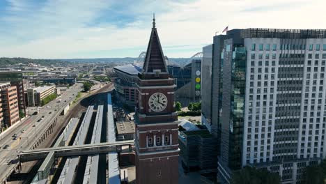 Aerial-view-of-the-large-clock-tower-at-Seattle's-International-Station