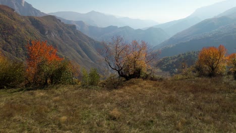 árboles-Coloridos-Y-Pradera-Sobre-Un-Pueblo-De-Montaña-Con-Un-Fondo-De-Rango-Brumoso-En-Albania