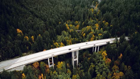 Epic-Highway-Mountain-Bridge-Through-a-Forest-with-Cars-traveling-in-Fall,-Vancouver-BC