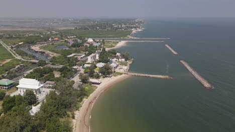 4K-Aerial-Drone-Footage-Along-the-Coast-of-Ban-Laem-in-Phetchaburi-on-a-Beautiful-Summers-Day-in-Thailand