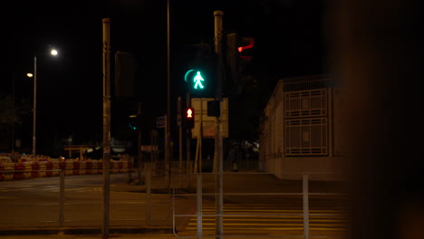Traffic-light-at-crosswalk-with-unrecognizable-people-crossing-at-night-and-a-bus-passing-by
