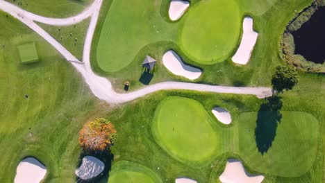 Aerial-top-down-view-over-well-maintained-golf-course-at-country-club,-Cohasset,-Massachusetts