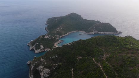 Aerial-drone-view-of-in-porto-timoni-double-beach-in-corfu-island-Greece