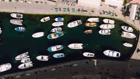 Overhead-Shot-Of-Anchored-Boats-In-Veli-Losinj-Village-In-Losinj-Island,-Croatia
