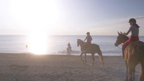 Group-of-tourist-riding-horses-at-sandy-beach-and-diving-into-water-during-sunset-light---slow-motion-forward-shot
