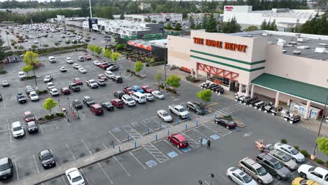 Aerial-shot-of-The-Home-Depot-with-an-active-parking-lot-on-a-weekend