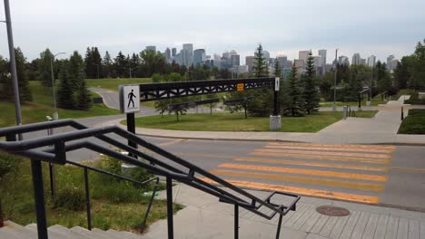 Crosswalk-with-city-skyline-approached-Calgary-Alberta-Canada