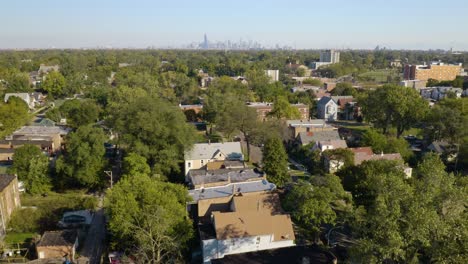 Low-Income-Urban-Community-in-Summer,-Aerial-Establishing-Shot