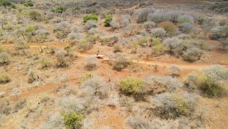 Aerial-of-man-transporting-lumber-over-a-dirt-road-in-rural-Kenya