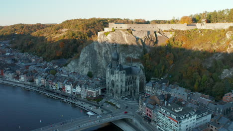 Dinant-Cityscape-With-Gothic-Cathedral-And-Citadel-In-Province-of-Namur,-Wallonia,-Belgium
