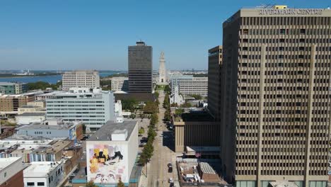 Downtown-Baton-Rouge,-Louisiana-and-Capitol-Building-Aerial-Tracking-Forward