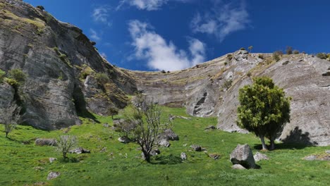 Looking-Up-at-Mountain-Cliffs-with-Greenery-in-New-Zealand-Countryside