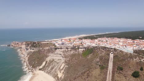 Aerial-panoramic-view-of-Nazare-high-city,-Portugal