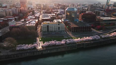 Drone-shot-of-Portland-Oregon-Sunset-Downtown-Waterfront