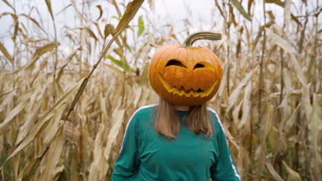 Girl-With-Pumpkin-Head-In-Squid-Game-Green-Tracksuit-Walking-Through-Dry-Cornfield