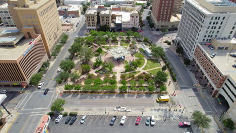 Aerial-Drone-Establishing-Shot-of-Historic-San-Jacinto-Plaza-In-Heart-Of-Downtown-El-Paso-TX