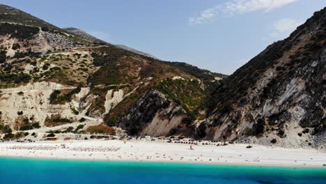 Scenic-Beach-Of-Myrtos-In-Kefalonia,-Greece---aerial-drone-shot