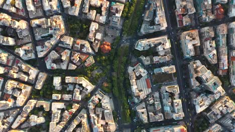 City-center-of-Athens,-residential-buildings,-aerial-view-at-sunrise-time