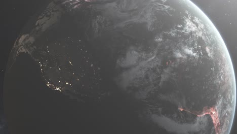 Planet-Erde-Mit-Sichtbaren-Nachtlichtern-In-Den-USA-Und-Starkem-Sonneneruptionsdunst-Und-Sternenhintergrund-4k