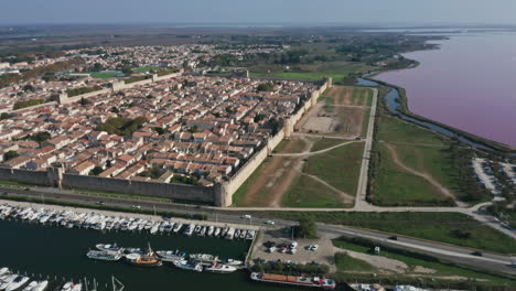 Aerial-Drone-shot-of-Aigues-Mortes-in-Camargue-France