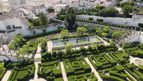 Aerial-top-view-over-Beautiful-Garden-of-the-Episcopal-Palace,-Castelo-Branco---Portugal
