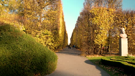 Autumn-in-the-Park-Oliwski-and-gardens-in-Gdansk,-Poland---tilt-down-shot