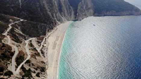 View-of-Beautiful-Myrtos-Bay-and-Idyllic-Beach-on-Kefalonia-Island,-Greece---aerial-drone-shot