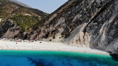 Famous-Myrtos-Beach-in-Kefalonia-Island,-Greece---aerial-drone-shot
