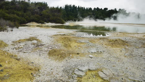 Panning-shot-rising-steam-of-hydrothermal-lake-in-Wai-o-tapu,New-Zealand