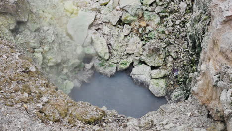 Erforschung-Des-Aufsteigenden-Dampfes-Eines-Kleinen-Wasserbeckens,-Umgeben-Von-Vulkanischen-Felsen---Wai-o-tapu,-Neuseeland