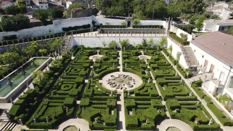Aerial-flyback-over-garden-of-Episcopal-Palace-of-Castelo-Branco,-Portugal
