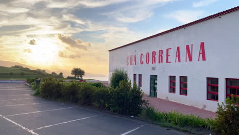 Building-of-Cha-Gorreana-Tea-Plantation-Factory-during-Sunset,-Azores
