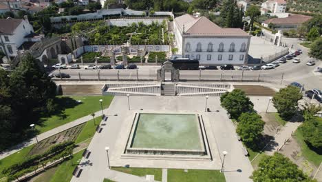 Aerial-backward-over-Municipal-garden-of-Castelo-Branco-in-Portugal
