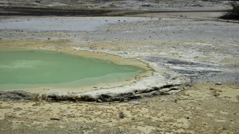 Panning-shot-of-green-colored-water-pool-and-volcanic-landscape-at-Waiotapu-Geothermal-Wonderland,NZ
