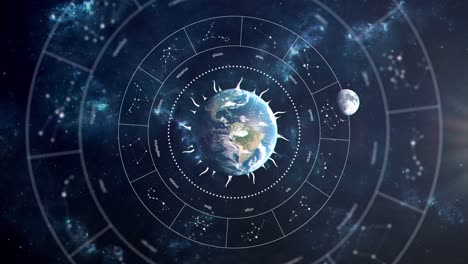 Astrologie-Konzeptanimation---Zeichen-Des-Tierkreises,-Während-Der-Mond-Die-Erde-Umkreist