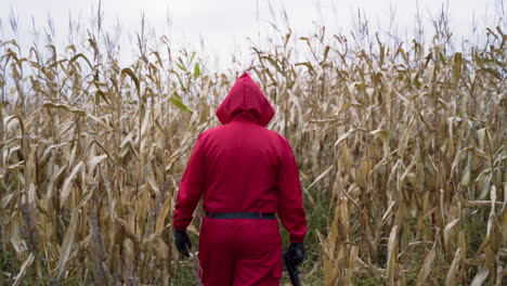 Man-Holding-A-Gun-And-Wearing-Red-Squid-Game-Character-Costume-Walks-At-The-Corn-Field-At-Daytime