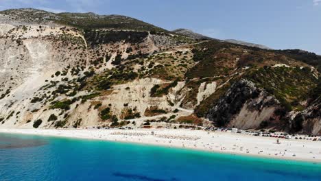Beautiful-View-of-Myrtos-Bay-and-Beach-on-Kefalonia-Island-In-Greece---aerial-drone-shot