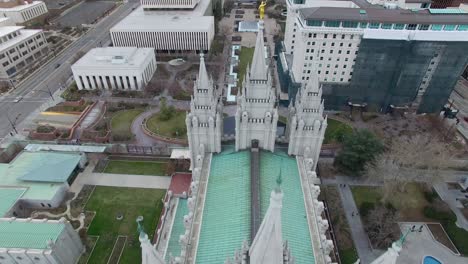 Aerial-view-of-the-Mormon-Temple-Square-in-Salt-Lake-City,-Utah