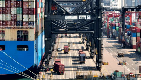 Containerlastwagen,-Die-Unter-Den-Tiefseekränen-Darauf-Warten,-Vom-Absetzer-Gehandhabt-Zu-Werden,-Um-Den-Container-Auf-Das-Schiff-In-Hongkong-Zu-Laden