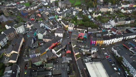 Downtown-Kinsale,-Ireland,-Drone-Aerial-View,-Colorful-Buildings,-Cars,-Streets