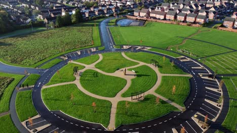 Modern-circular-cemetery-pathway-design-aerial-view-artistic-garden-of-rest-reverse-orbit-right