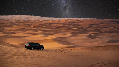 Car-in-desert-Sahara,-middle-east-landscape,-night-stars-sky-replacement,-travel,-nature,-sand-dunes,-panoramic-landmark