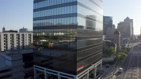 Rising-aerial-view-of-a-downtown-corporate-office-building-in-Salt-Lake-City,-Utah